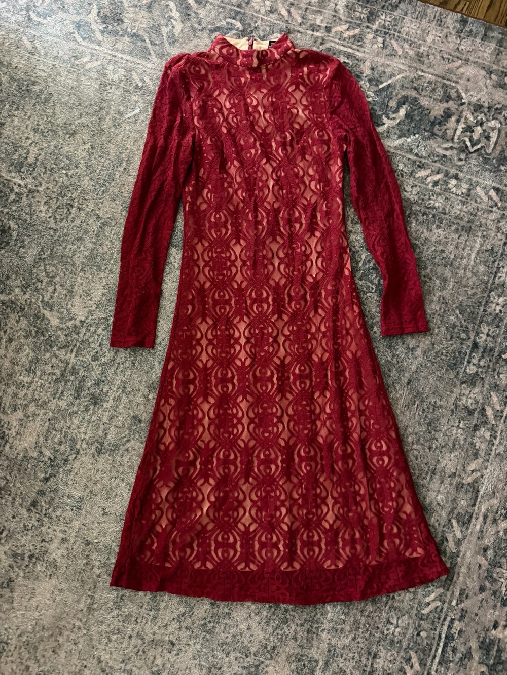 Forever 21 Deep Red Lace Long-Sleeve Midi Dress